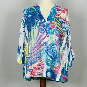Impulse California Tab Sleeve Top Sz PXL Tropical Floral Sequins Sheer Resort